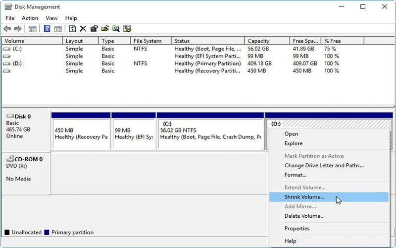 chon shrink volume trong disk management