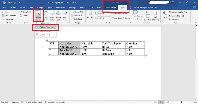 cach xoa cot trong word su dung the layout