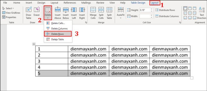 cach xoa dong trong word bang cong cu tab layout