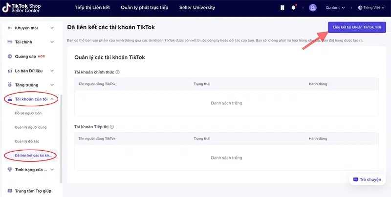 chon tai khoan tiktok shop lien ket voi tai khoan tiktok ca nhan