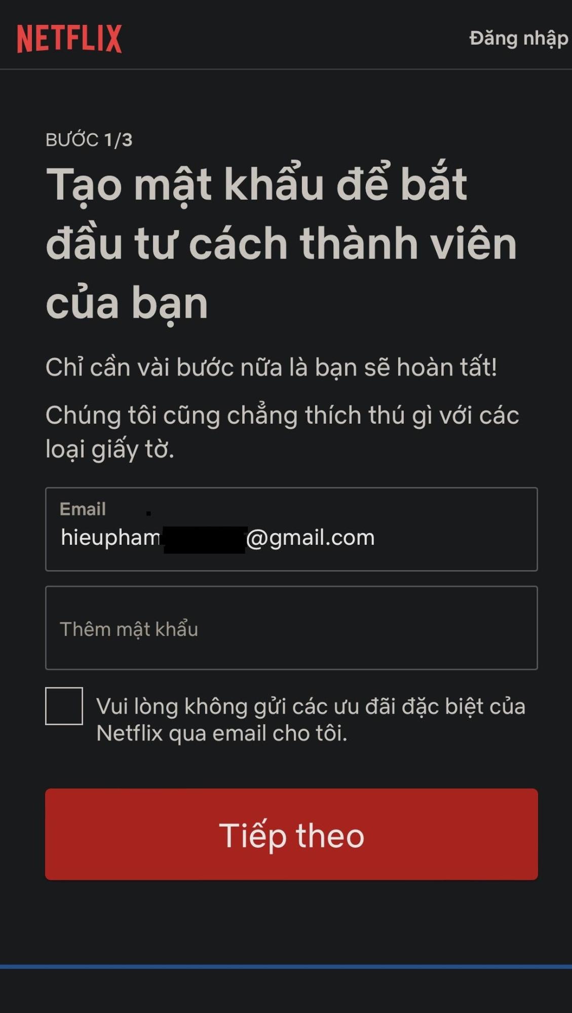 tao tai khoan netflix moi bang cach nhap dia chi email