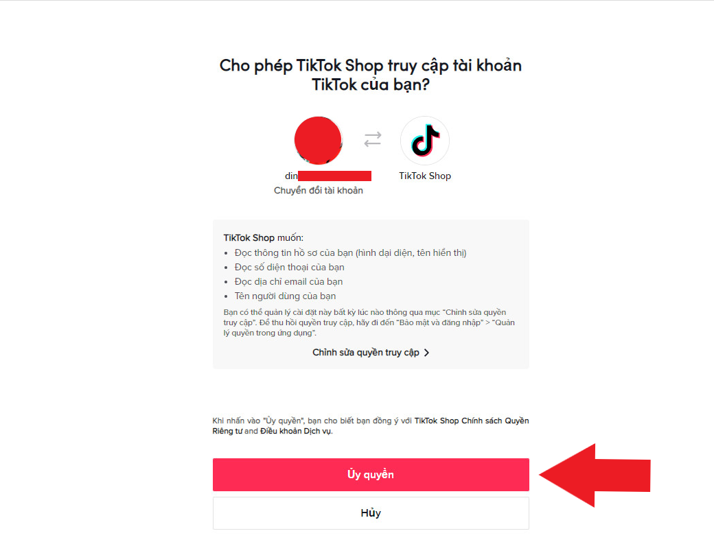 uy quyen cho phep tiktok shop truy cap tai khoan tiktok
